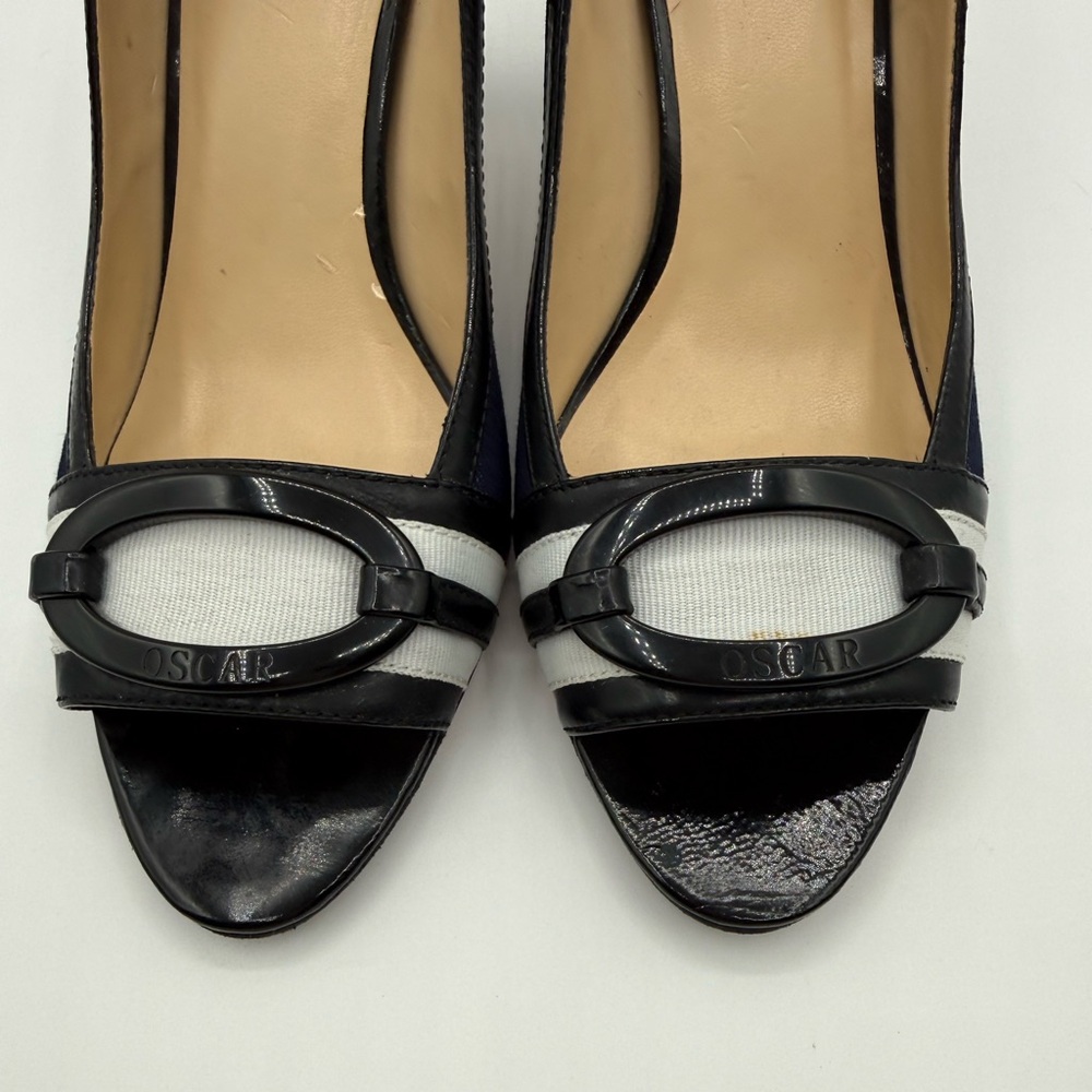 VTG RARE Oscar de la Renta O Calada Peep Toe Heels Blue/Black Size 8 - Picture 7 of 16